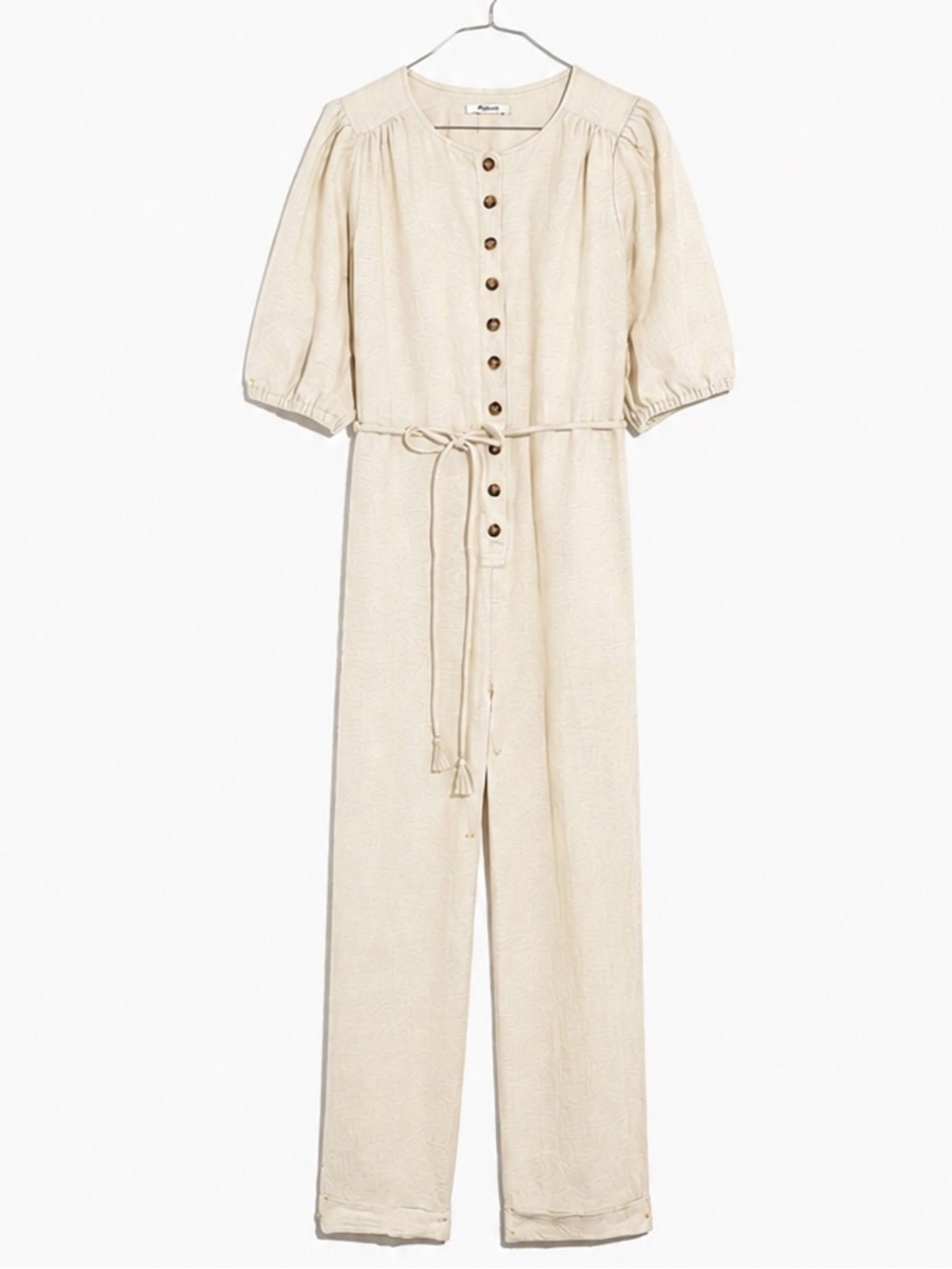 Madewell Women's Linen Blend Jumpsuit Puff-Sleeve Tassel-Tie Ivory Sz Medium NWT - Picture 2 of 8